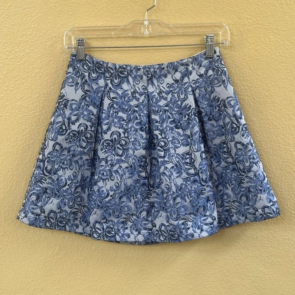 Aqua Light Blue Multi Color Damask Print Pleated Mini Skirt Size XS Like New!